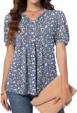 Women’s Puff Short Sleeve Tunic Tops Dressy V Neck Pleated Shirts Casual Work Blouses
