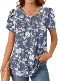 Anyhold Womens Tops Summer Short Sleeve Tunic Tops Dressy Casual Shirts Fashion Pleated Business Blouses
