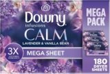Downy Infusions Mega Dryer Sheets, Laundry Fabric Softener, CALM, Lavender and Vanilla Bean, 180 Count (3 box of 60 sheets)