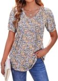 Zeagoo Women’s Puff Short Sleeve Boho Shirts Casual V Neck Floral Solid Summer Blouse Pleated Casual Tunic Top