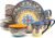 Euro Ceramica Zanzibar Collection 16 Piece Dinnerware Set Kitchen and Dining, Service for 4, Spanish Floral Design, Multicolor, Blue and Yellow